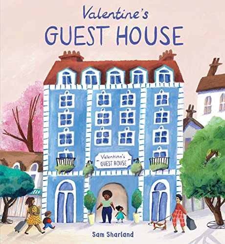 Blue townhouse illustration with people and trees, book cover.