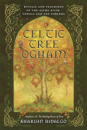 Book cover with Celtic tree, owl, and ornate green border.