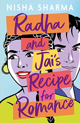 Book cover with illustrated faces and bold text: "Radha and Jai's Recipe for Romance.