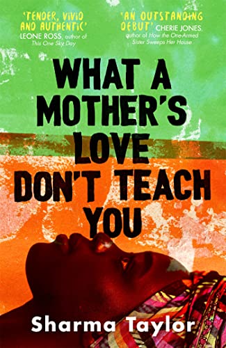 Book cover with bold text, a face in profile, and abstract orange and green patterns.