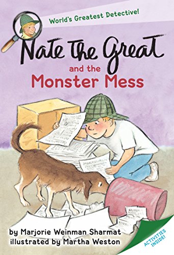 Boy and dog amid scattered papers, book cover for "Nate the Great.