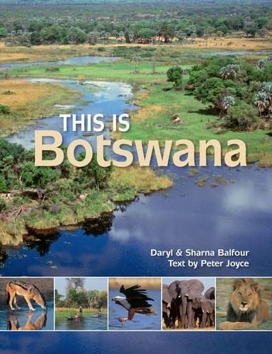 Book cover featuring a Botswana landscape with a river and five wildlife photos below.