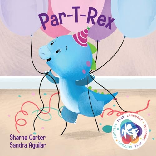 Blue dinosaur wearing a party hat with balloons and confetti.