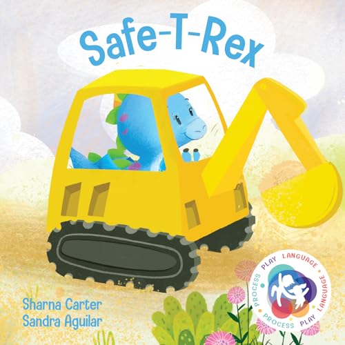 Yellow excavator with two blue dinosaur characters inside the cab.