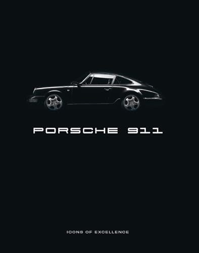 A black Porsche 911 car silhouette on a black background with white text.