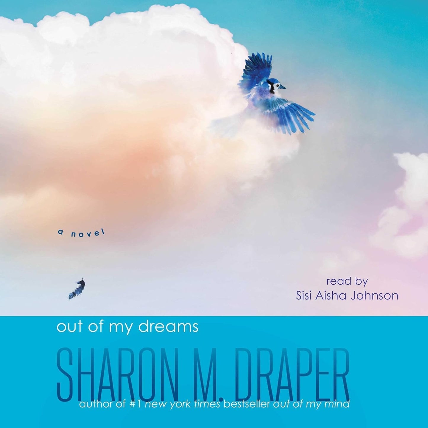 A blue jay flies from a fluffy cloud against a bright blue sky.