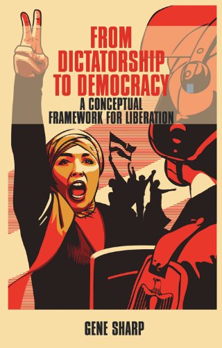 Book cover illustration showing a woman protesting against a soldier in red and black.