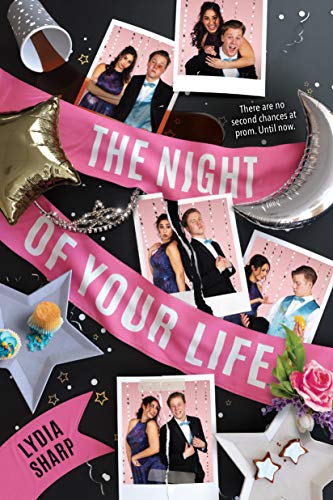 Book cover with prom photos, pink ribbon, and star decorations.