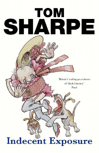 Book cover: cartoonish illustration of a figure with dogs, titled "Indecent Exposure.