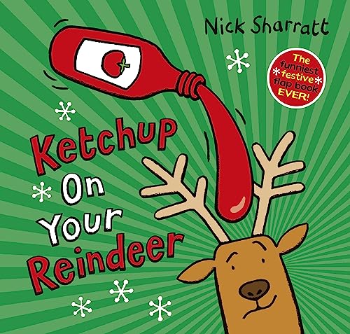 Book cover: ketchup pouring onto reindeer antlers, green striped background.