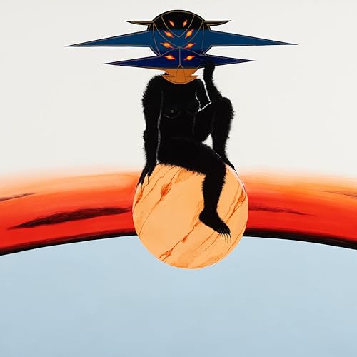 A black silhouette of a seated figure with a spiky headpiece sits on a planet.