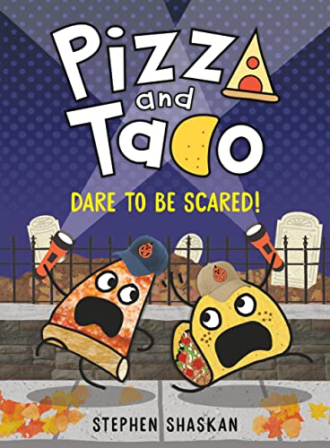 A pizza slice and a taco wearing baseball caps look scared in a graveyard.