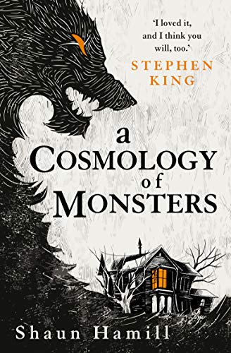 Book cover: “A Cosmology of Monsters” with a wolf and haunted house.