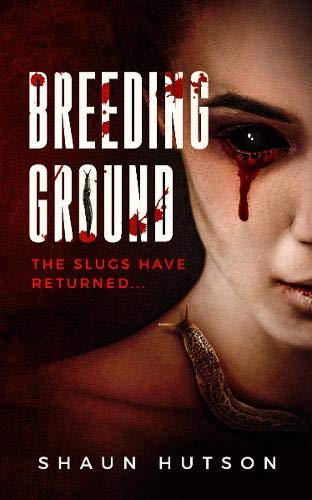 Book cover: woman with blood tears, slug, and title "Breeding Ground.