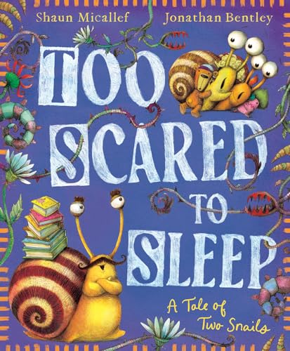 Book cover: two worried snails amongst colorful plants and books.