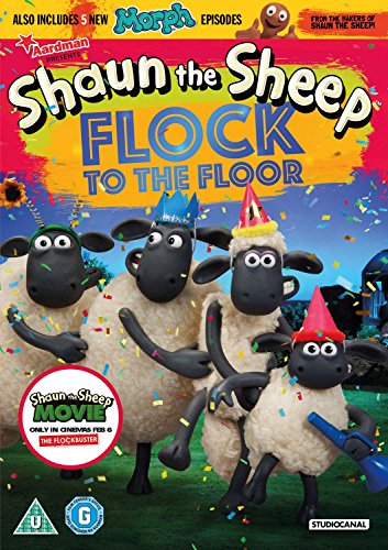 DVD cover featuring Shaun the Sheep and friends in party hats.