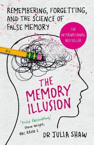 The image depicts a book cover with a white background and a black outline of a human head in profile. Alt text: Book cover with head outline, scribbled brain, and pencil, titled "The Memory Illusion".