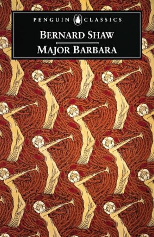 "Book cover with red and gold pattern, featuring 'Major Barbara' by Bernard Shaw."