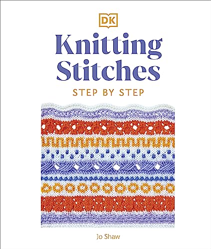 Book cover displaying colorful knitted stitch patterns and the title “Knitting Stitches.”