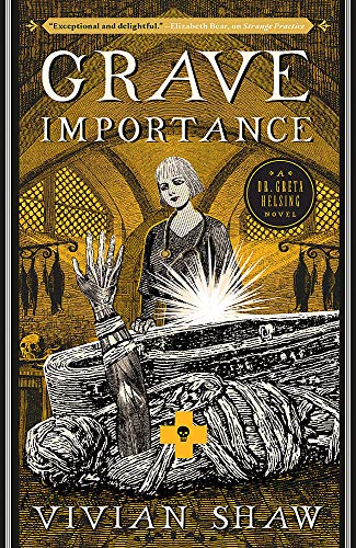 Book cover illustration of a doctor standing over a mummy in a stone crypt.