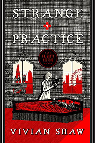 Book cover: woman in white by windows, coffin below, red accents.