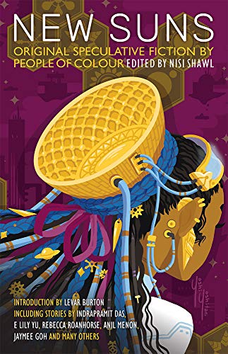 Book cover: “New Suns” with illustration of a person and sun imagery.
