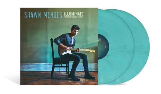 Shawn Mendes “Illuminate” 10-Year Anniversary blue vinyl record with cover art.
