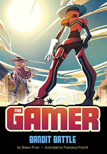 Cartoon illustration of a red cowboy figure facing off with another in a town.