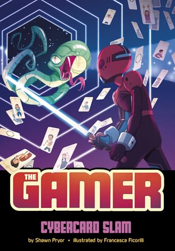 Robot figure with glowing sword facing a green serpent amid floating cards.