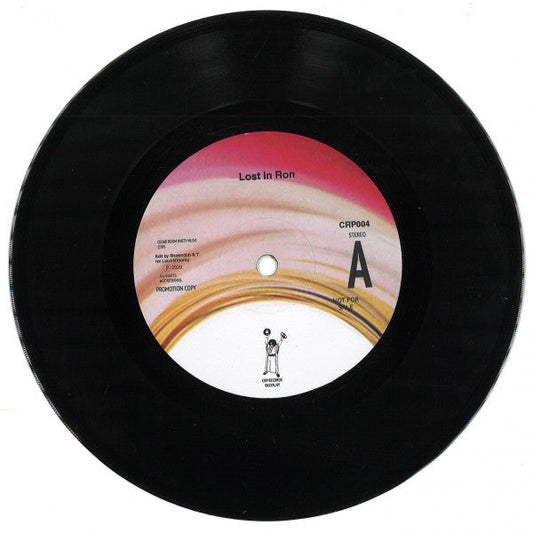 Black vinyl record with a pink and white center label, text, and illustration.