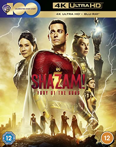 Shazam! Fury of the Gods" Blu-ray cover featuring superheroes and villains.