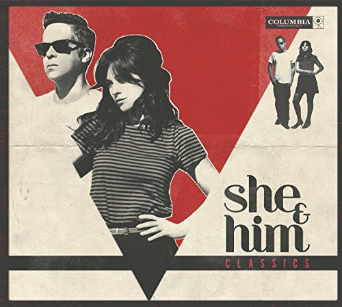She & Him "Classics" CD cover with portraits and red triangle.