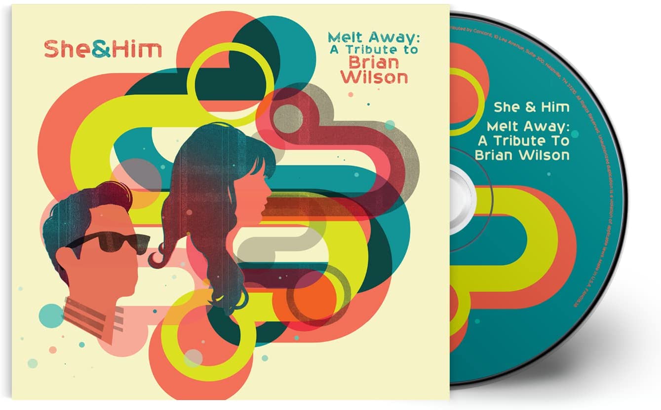 She & Him “Melt Away” CD cover with stylized portrait and colorful design.