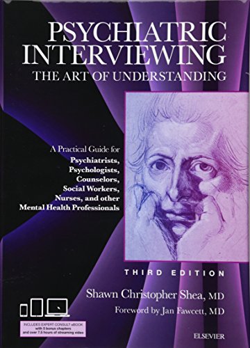 Book cover: "Psychiatric Interviewing," third edition, with sketched portrait.