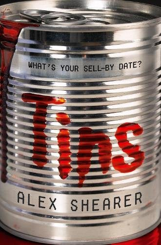 Silver can with red, dripping text reading "Tins" and author's name.