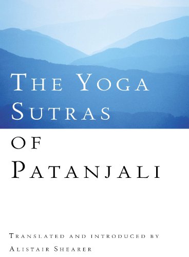 Book cover: "The Yoga Sutras of Patanjali" with a mountain backdrop.