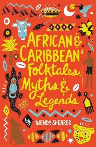 Book cover with colorful illustrations of animals and people, titled “African & Caribbean Folktales.”