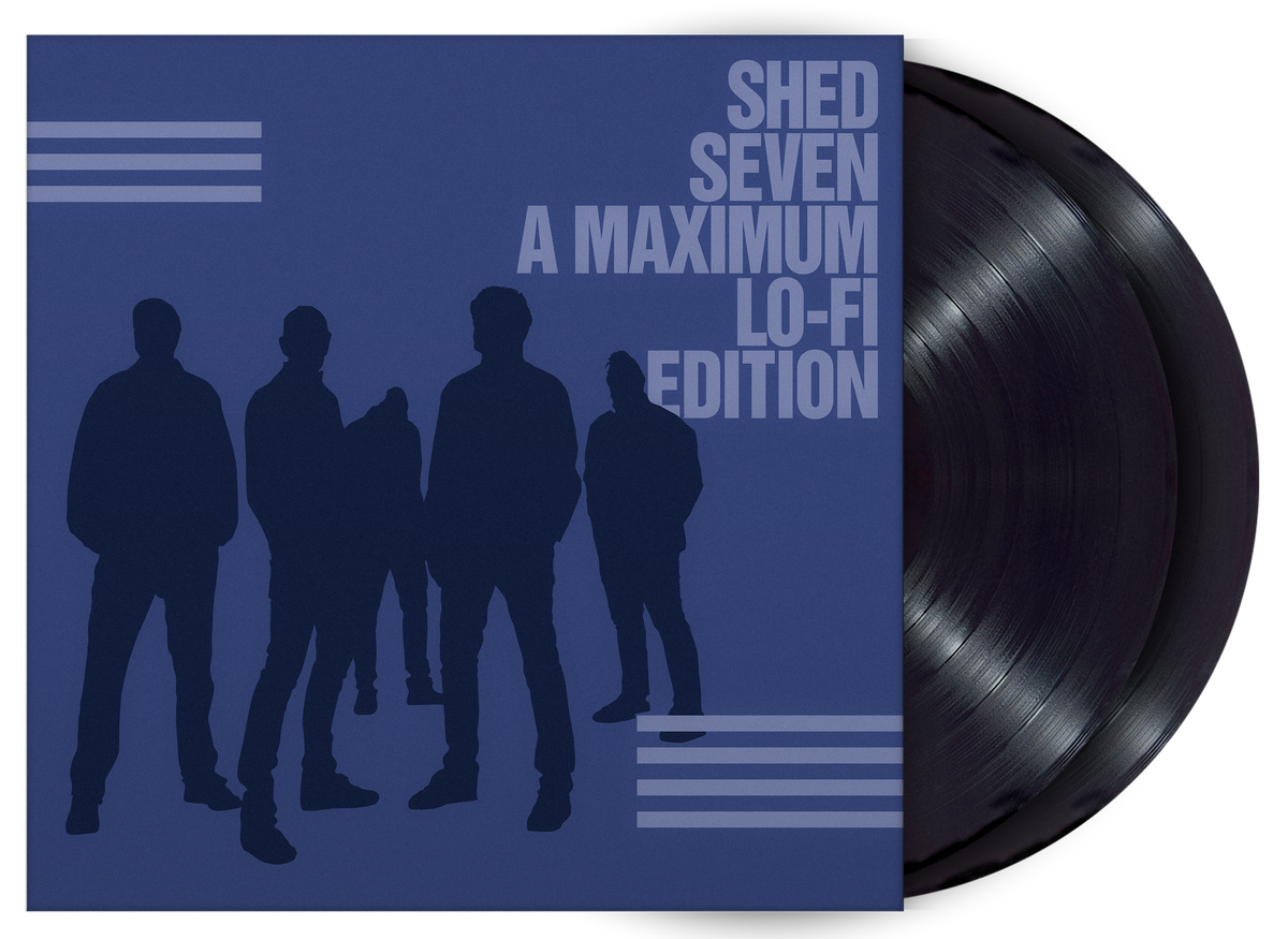 Shed Seven album cover with band silhouettes and a vinyl record.