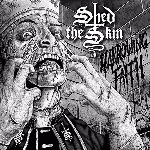 Black and white vinyl album cover with a grotesque illustration of a man peeling his face.