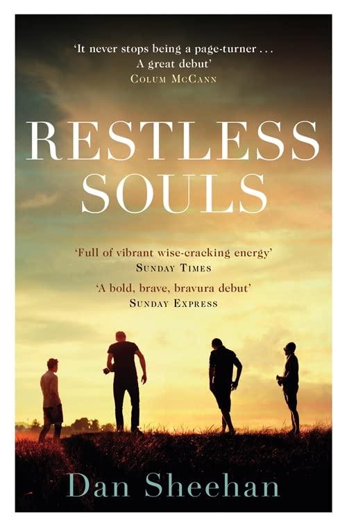 Book cover for "Restless Souls" by Dan Sheehan, showing figures at sunset.