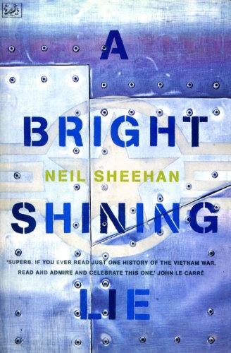 Book cover for “A Bright Shining Lie” with metallic and blue tones.