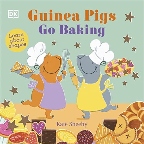 Two guinea pigs in chef hats baking, surrounded by treats and shapes.