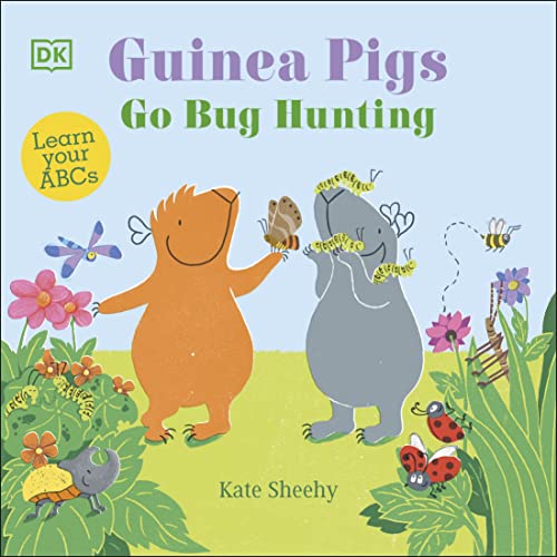Book cover with cartoon guinea pigs, bugs, and flowers on green grass.