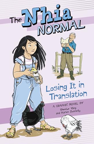 Book cover: girl with chickens and an older man, illustrated style.