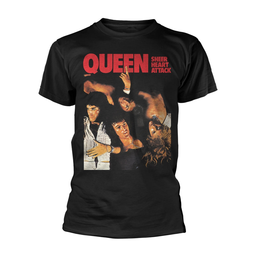 Black t-shirt with a Queen album cover print featuring band members.