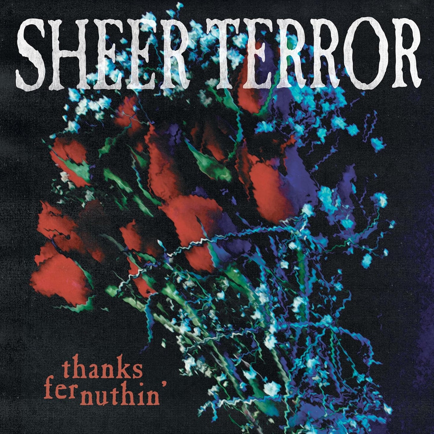 Sheer Terror album cover: dark, textured background with red and blue splatters.