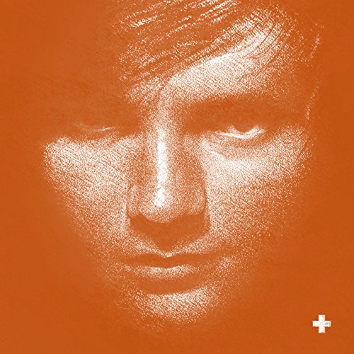 Close-up of Ed Sheeran’s face in grainy white on an orange background.