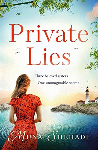 Book cover: woman in red dress views lighthouse on coastline.