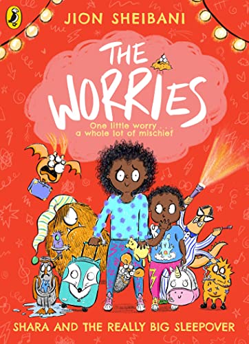 Book cover: children with colorful worry creatures and a suitcase.