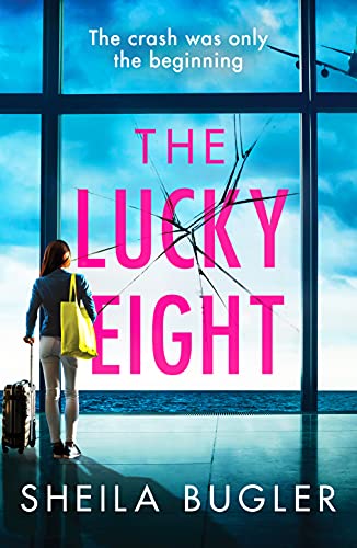 Book cover: woman with luggage looking at cracked airport window.
